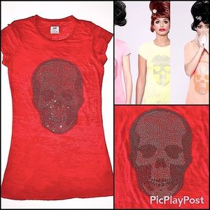Queen of EVIL S AUTHENTIC Burnout Cap Sleeve Deep Coral Swavorski Skull T Monaco